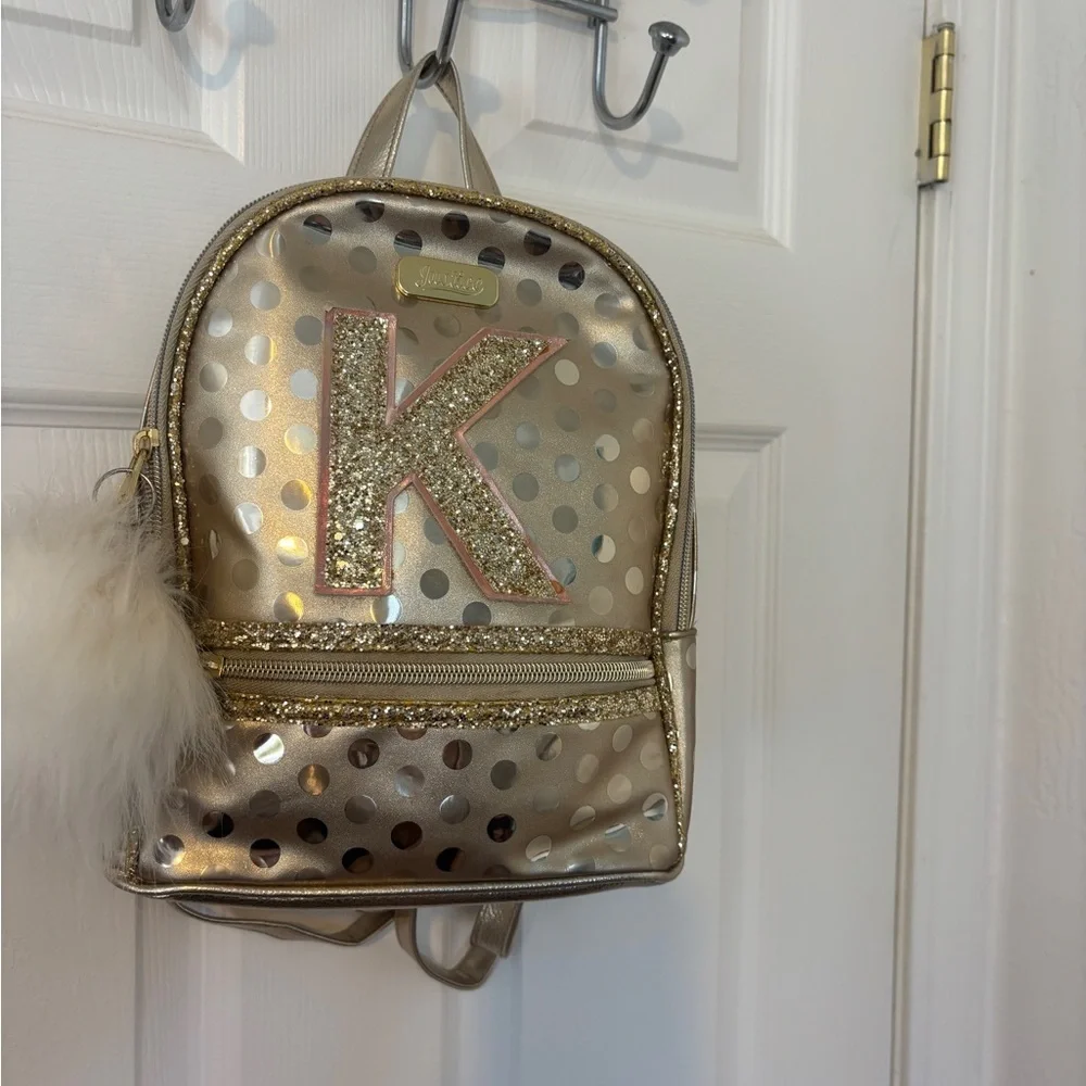JUSTICE Mini Backpack Girls Golden‎ Dots Glitter Fancy School Travel K Monogram
